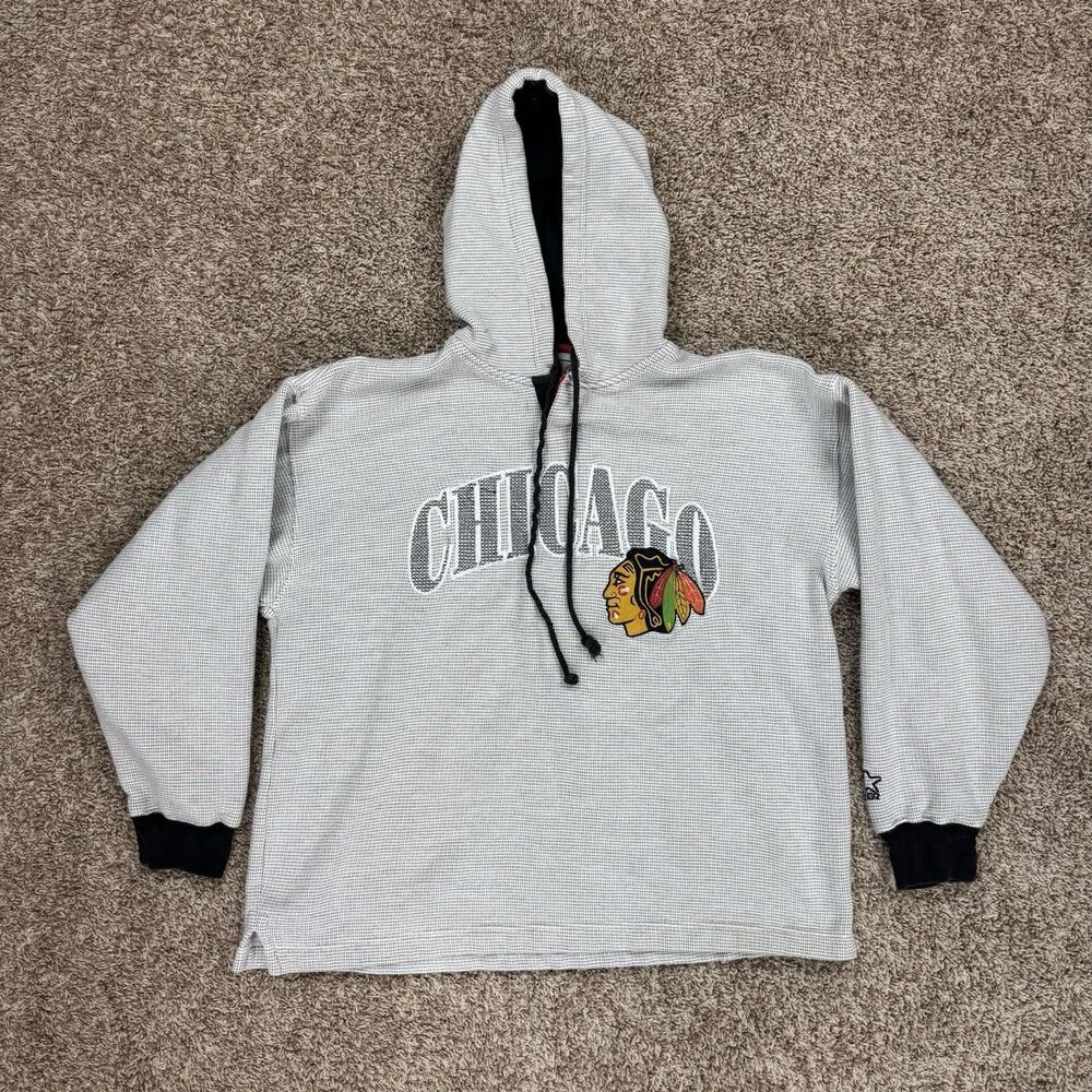 Vintage 90s Starter Chicago Blackhawks Waffle Knit Hoodie Mens Medium Gray NHL